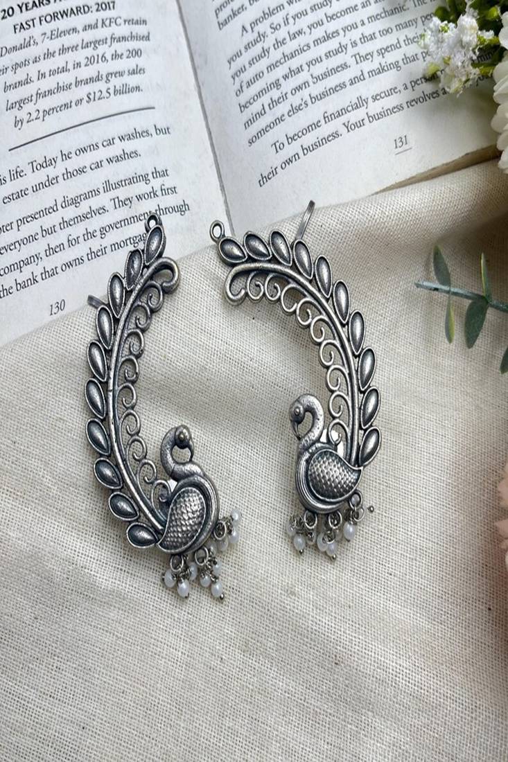 Oxidized silver peacock ear cuff: indian pearl statement jewelry