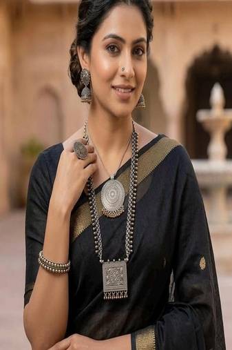 Oxidized silver jewelry set, dual tone indian necklace and earrings