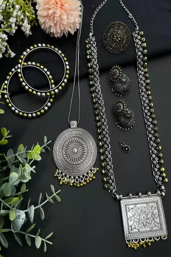 Oxidized silver jewelry set, dual tone indian necklace and earrings