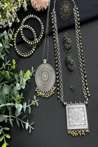 Oxidized silver jewelry set, dual tone indian necklace and earrings