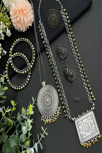 Oxidized silver jewelry set, dual tone indian necklace and earrings