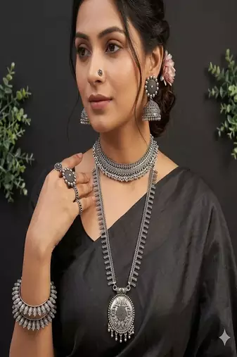 German silver oxidized jewelry set for women - tribal choker & long haram necklace