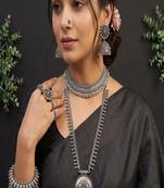German silver oxidized jewelry set for women - tribal choker & long haram necklace
