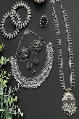 German silver oxidized jewelry set for women - tribal choker & long haram necklace 2