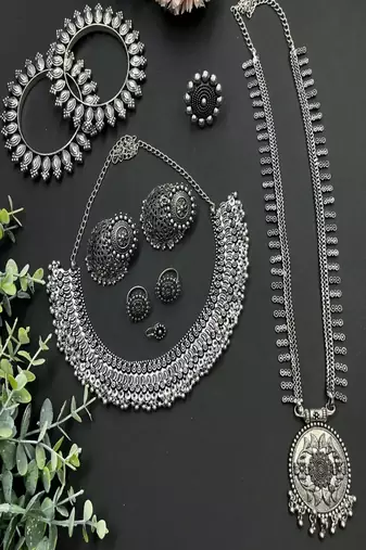 German silver oxidized jewelry set for women - tribal choker & long haram necklace
