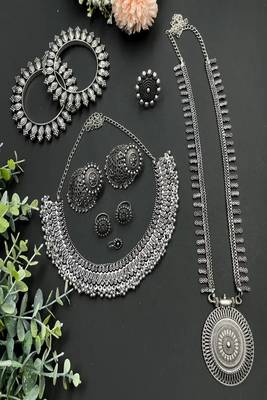German silver oxidized jewelry set for women - tribal choker & long haram necklace 3