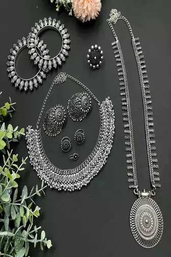German silver oxidized jewelry set for women - tribal choker & long haram necklace