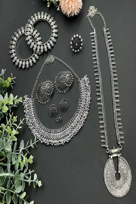German silver oxidized jewelry set for women - tribal choker & long haram necklace 4