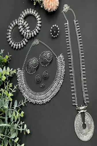 German silver oxidized jewelry set for women - tribal choker & long haram necklace
