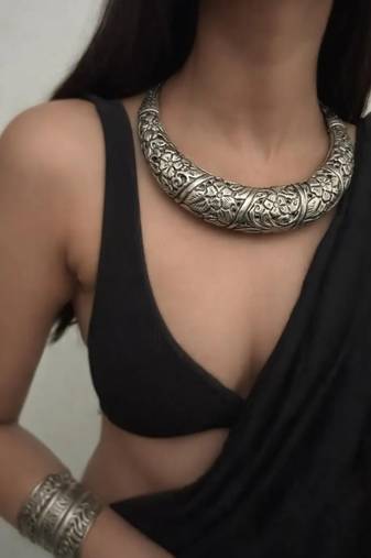 Tribal banjara boho jewelry | oxidized silver chitai choker hasli torque handmade necklace