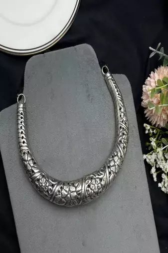 Tribal banjara boho jewelry | oxidized silver chitai choker hasli torque handmade necklace