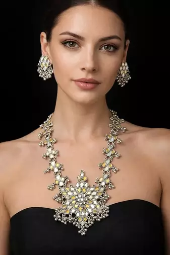Statement silver kundan mirror necklace set with earrings | indian bridal jewelry- boho ethnic