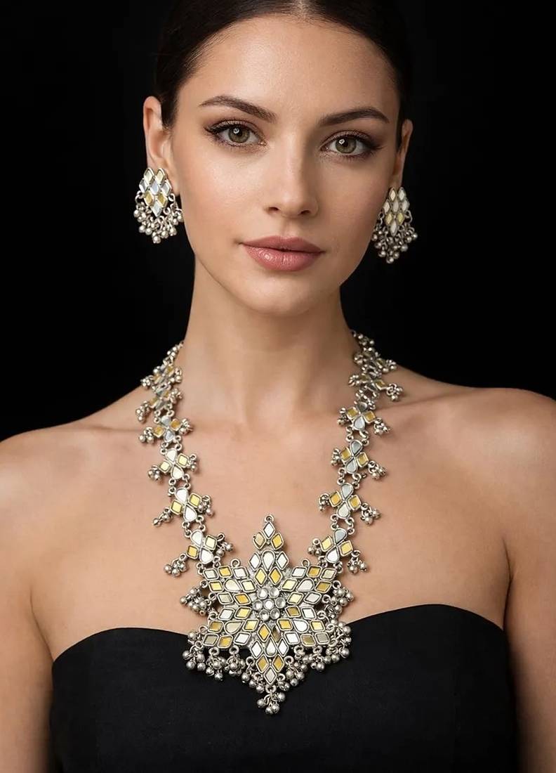 Statement silver kundan mirror necklace set with earrings | indian bridal jewelry- boho ethnic