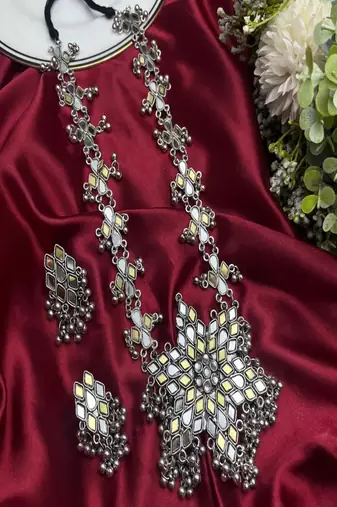 Statement silver kundan mirror necklace set with earrings | indian bridal jewelry- boho ethnic