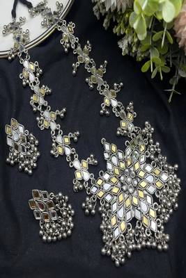 Statement silver kundan mirror necklace set with earrings | indian bridal jewelry- boho ethnic 3