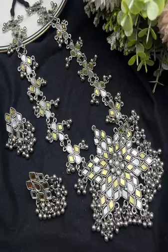Statement silver kundan mirror necklace set with earrings | indian bridal jewelry- boho ethnic