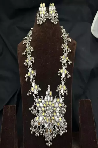 Statement silver kundan mirror necklace set with earrings | indian bridal jewelry- boho ethnic