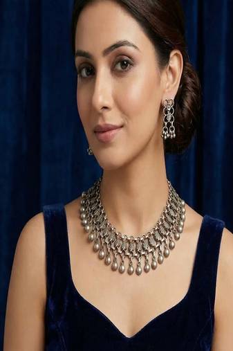 Antique flower jali choker set: handmade brass indian bridal jewelry