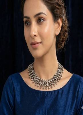 Oxidised silver tribal necklace for women|handmade ethnic indian statement necklace 1