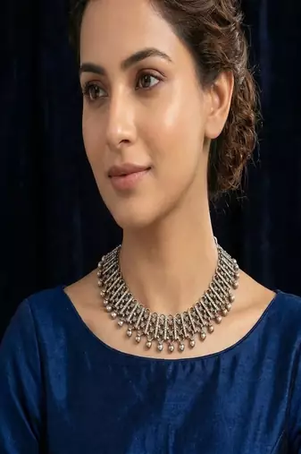 Oxidised silver tribal necklace for women|handmade ethnic indian statement necklace