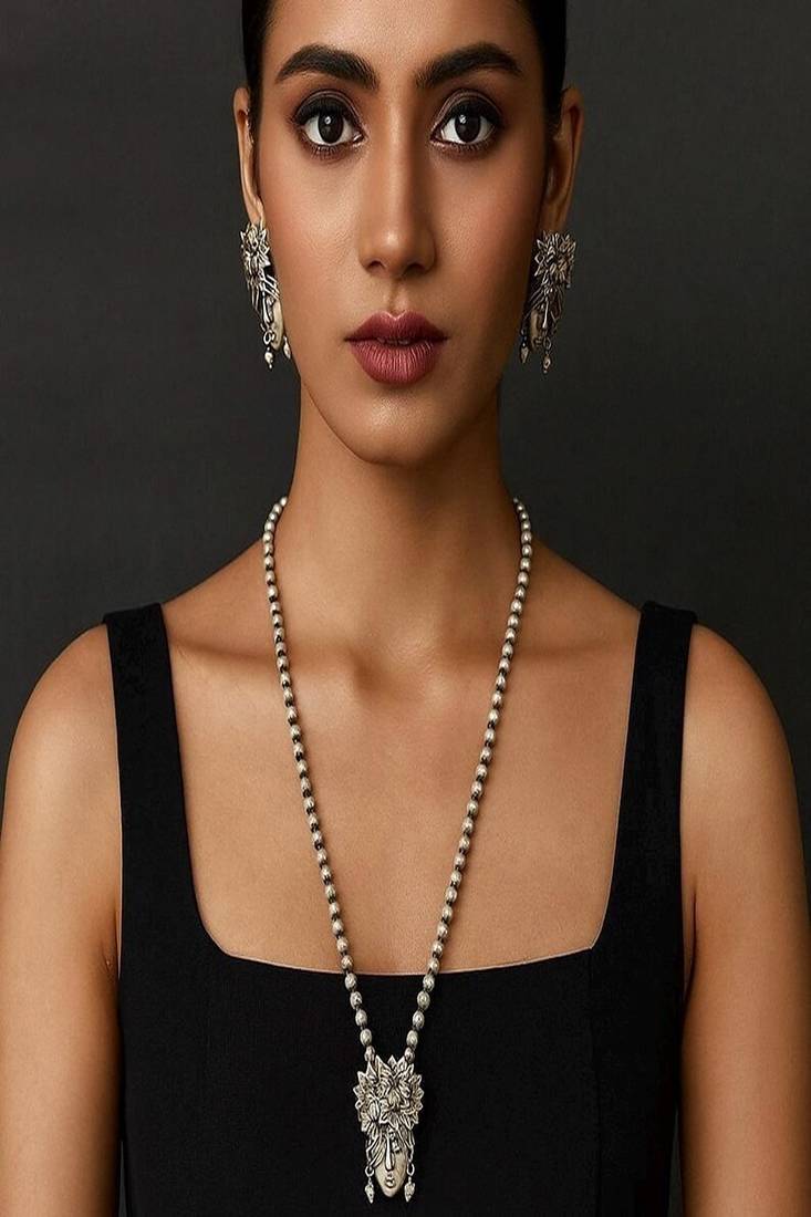 Oxidized silver tone tribal face necklace set | boho earrings