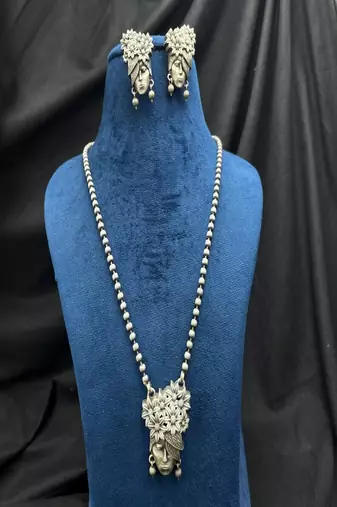 Oxidized silver tone tribal face necklace set | boho earrings