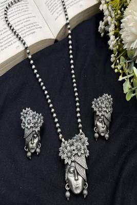 Oxidized silver tone tribal face necklace set | boho earrings 3