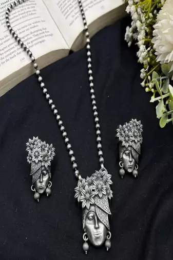 Oxidized silver tone tribal face necklace set | boho earrings