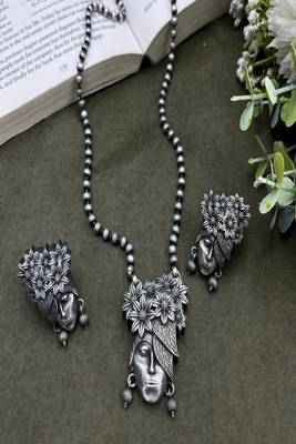 Oxidized silver tone tribal face necklace set | boho earrings 4
