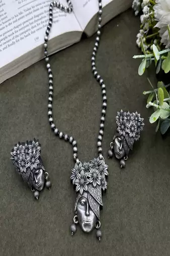 Oxidized silver tone tribal face necklace set | boho earrings