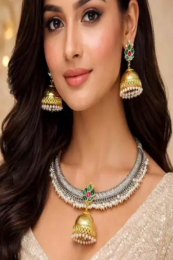 Oxidised silver hasli necklace set with golden jhumka pendant|kundan studded traditional indian bridal choker