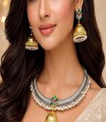 Oxidised silver hasli necklace set with golden jhumka pendant|kundan studded traditional indian bridal choker