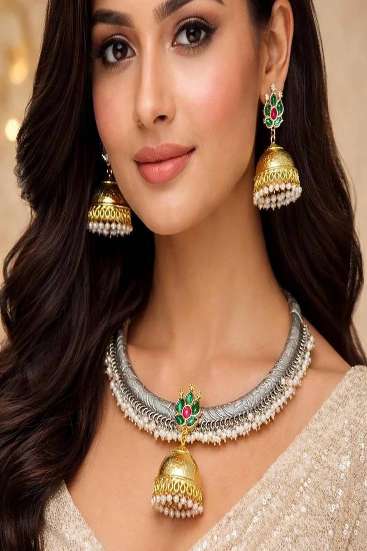 Oxidised silver hasli necklace set with golden jhumka pendant|kundan studded traditional indian bridal choker