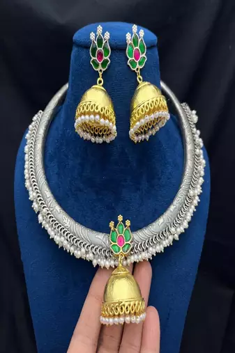 Oxidised silver hasli necklace set with golden jhumka pendant|kundan studded traditional indian bridal choker