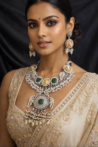 Oxidized silver indian jewelry set: kundan, pearl & peacock
