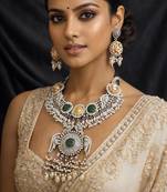 Oxidized silver indian jewelry set: kundan, pearl & peacock