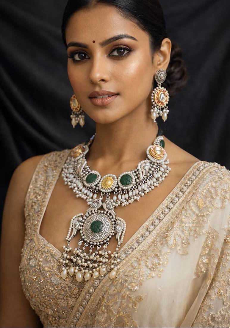Oxidized silver indian jewelry set: kundan, pearl & peacock