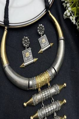 Oxidised silver gold torque hasli necklace set with earrings vintage handmade tribal hansli jewelry 1
