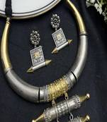 Oxidised silver gold torque hasli necklace set with earrings vintage handmade tribal hansli jewelry