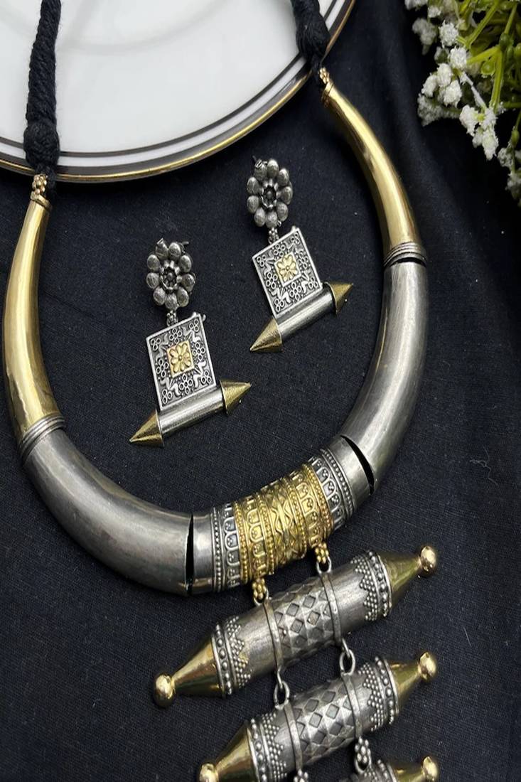 Oxidised silver gold torque hasli necklace set with earrings vintage handmade tribal hansli jewelry