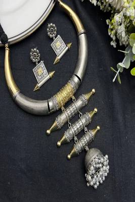 Oxidised silver gold torque hasli necklace set with earrings vintage handmade tribal hansli jewelry 2