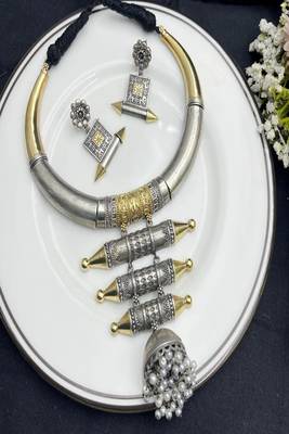 Oxidised silver gold torque hasli necklace set with earrings vintage handmade tribal hansli jewelry 3