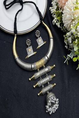 Oxidised silver gold torque hasli necklace set with earrings vintage handmade tribal hansli jewelry 4