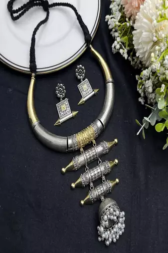 Oxidised silver gold torque hasli necklace set with earrings vintage handmade tribal hansli jewelry