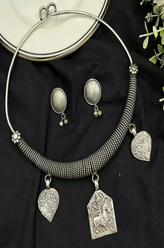 Vintage banjara oxidized silver necklace set | tribal boho choker