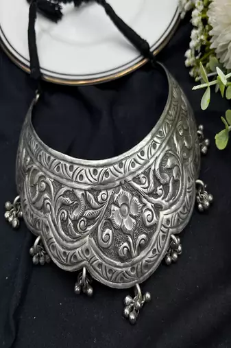 Oxidized silver choker necklace | handmade tribal rajasthani jewelry