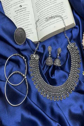 Oxidized german silver jewelry set | indian choker necklace, earrings, ring