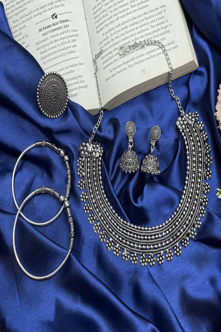 Oxidized german silver jewelry set | indian choker necklace, earrings, ring
