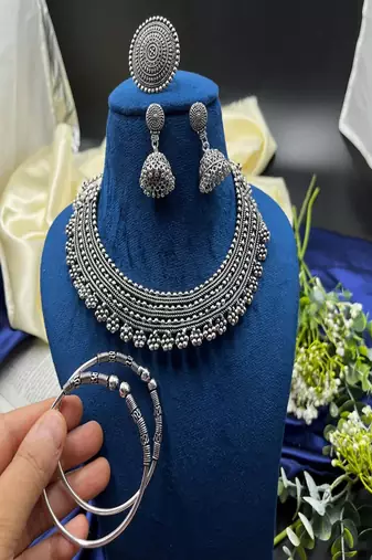 Oxidized german silver jewelry set | indian choker necklace, earrings, ring