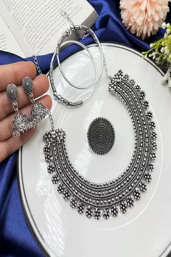 Oxidized german silver jewelry set | indian choker necklace, earrings, ring